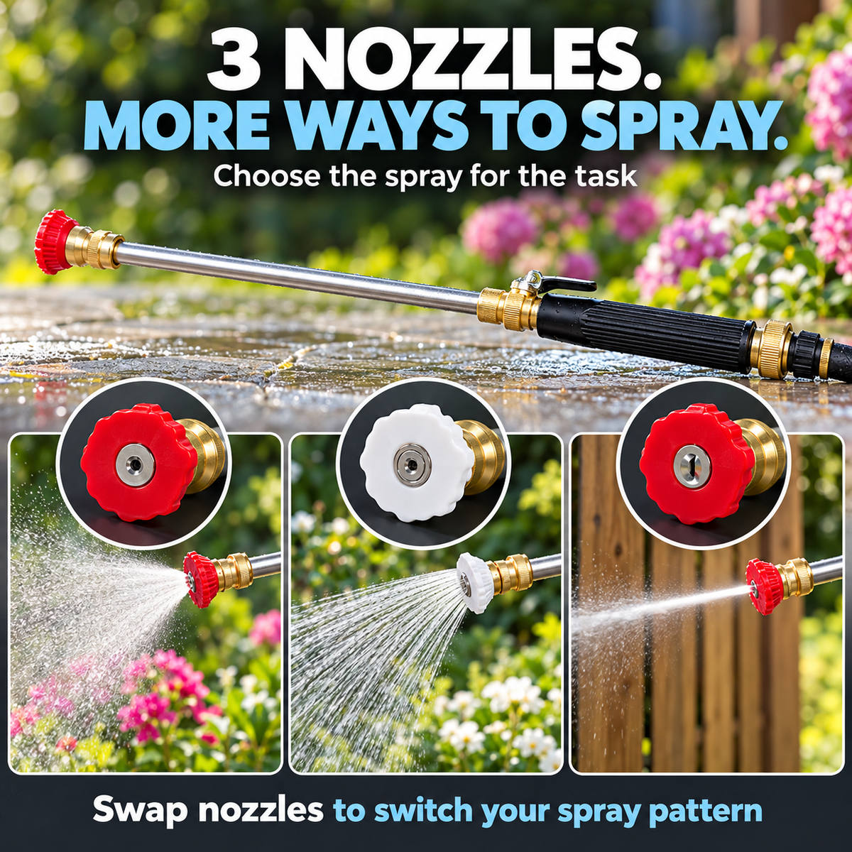 💦High-pressure water gun – 3 interchangeable nozzles, durable aluminium alloy & powerful ✨