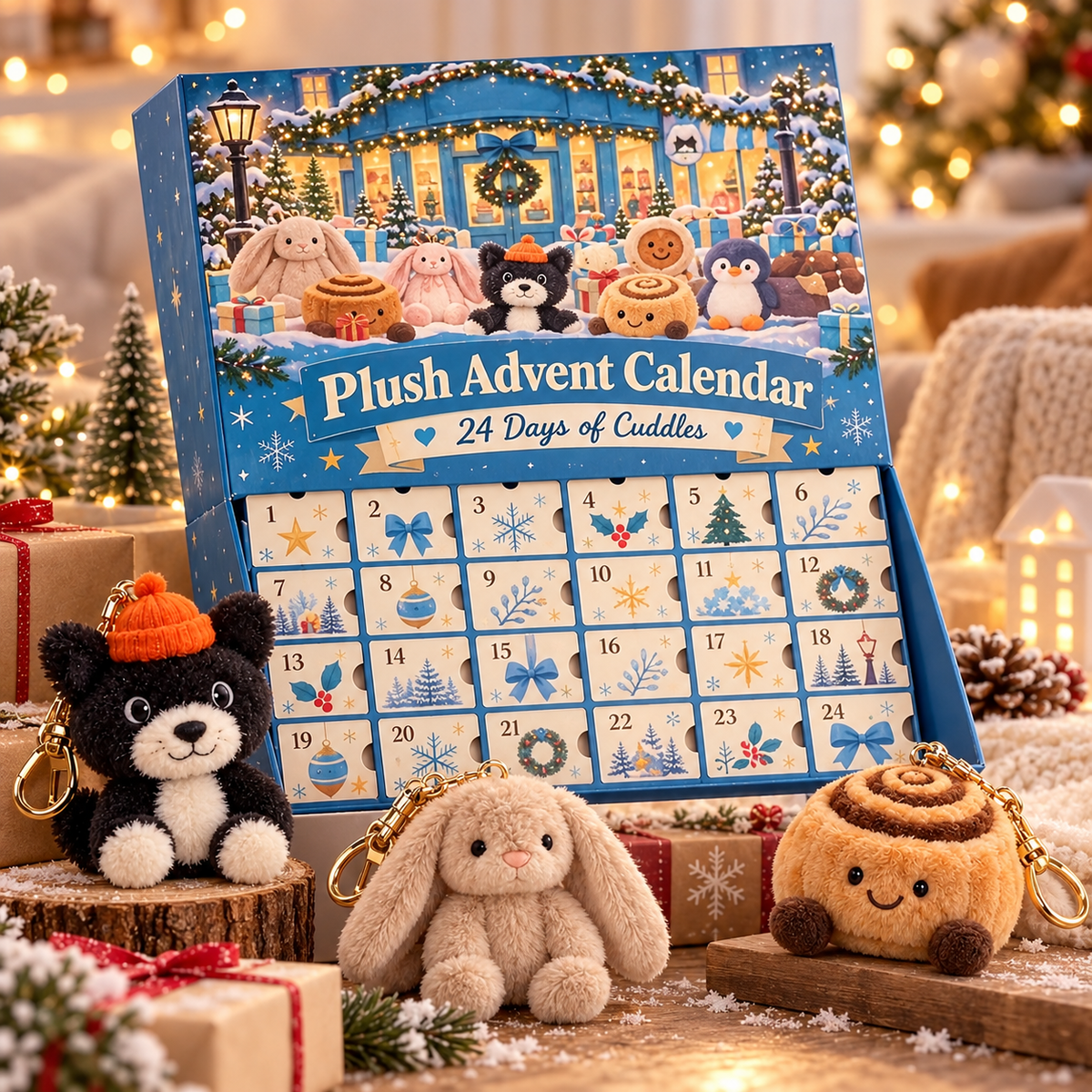 🎄 24-Day Plush Advent Calendar – Mini Character Surprises & Collectible Bag Charms