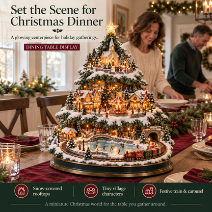 🚂🎄 Lighted Christmas Village Tree – Animated Train & Carousel Holiday Display