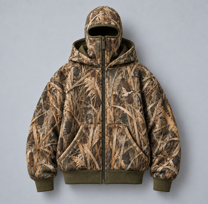 ❄️ Integrated Balaclava Hunting Hoodie | Quilted Oversized Camo Layer