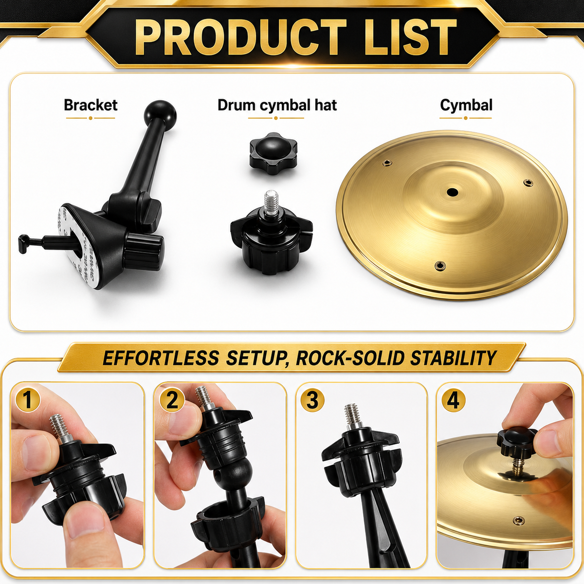 Mini cymbal product parts and four-step assembly guide