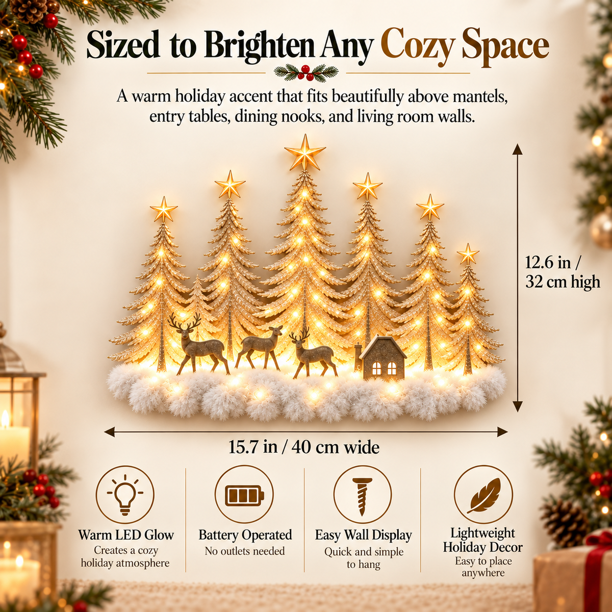 Lighted Wooden Christmas Deer Forest Wall Decor – Warm LED Winter Scene Holiday Decoration