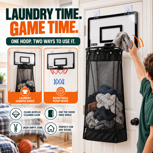 🏀Door Basketball Hoop with Laundry Hamper – Kids Indoor Basketball Set & Hanging Clothes Basket
