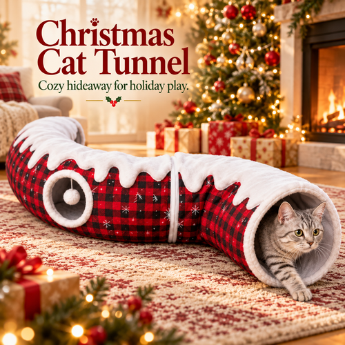 🎄🐾 Christmas Cat Tunnel & Tree Skirt – 3-in-1 Cozy Plaid Hideaway with Hanging Pom-Pom Toy ❄️