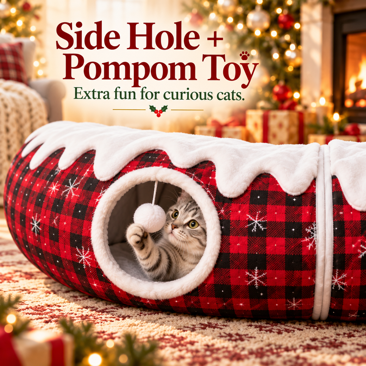 🎄🐾 Christmas Cat Tunnel & Tree Skirt – 3-in-1 Cozy Plaid Hideaway with Hanging Pom-Pom Toy ❄️