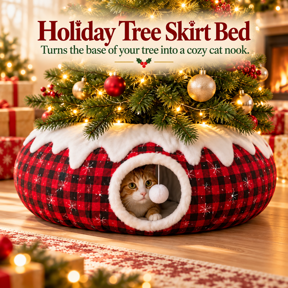 🎄🐾 Christmas Cat Tunnel & Tree Skirt – 3-in-1 Cozy Plaid Hideaway with Hanging Pom-Pom Toy ❄️