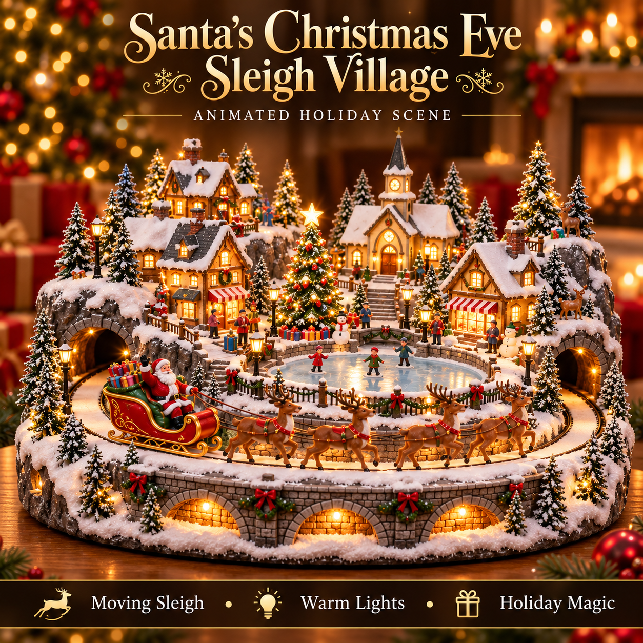 Santa Sleigh Village style featuring reindeer sleigh Christmas village and warm lights