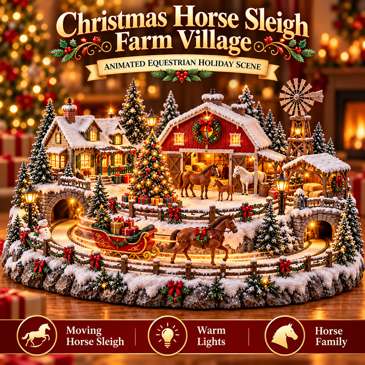 Horse Sleigh Farm style featuring horses snowy red barn Christmas tree and animated sleigh