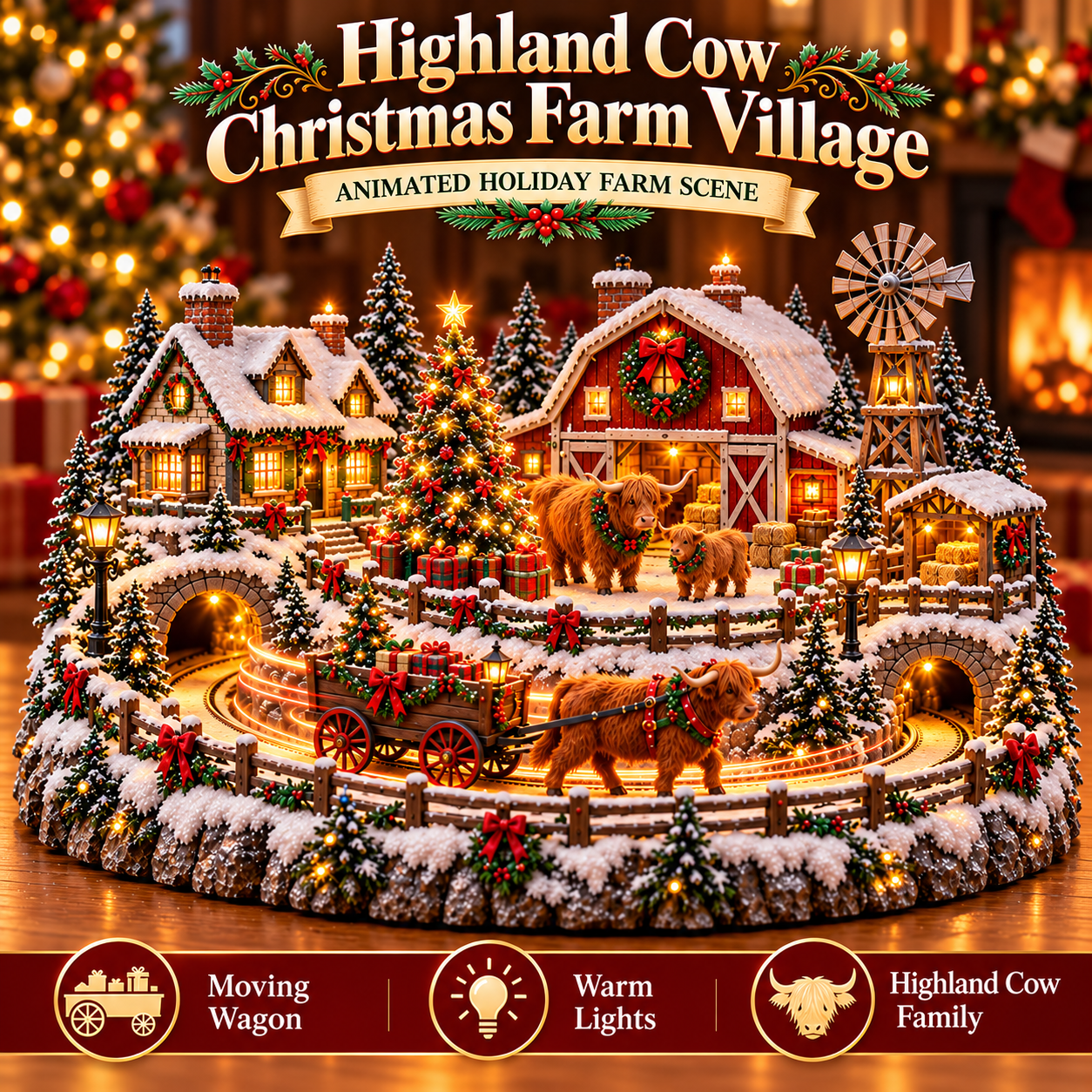 Highland Cow Christmas Farm Village with snow-covered buildings illuminated Christmas tree and moving wagon