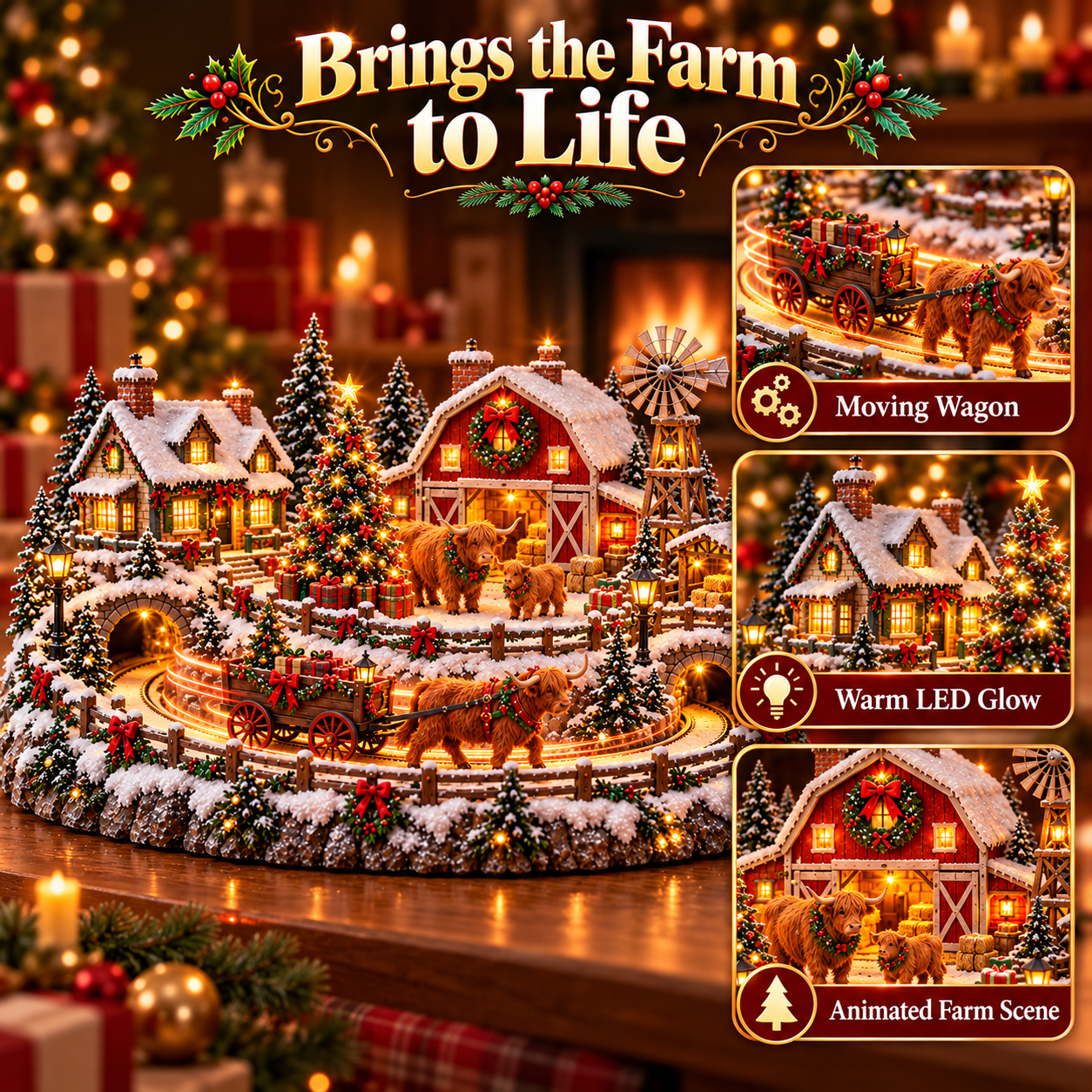 Highland Cow Christmas Village feature illustration showing moving wagon warm lights and animated farm scene