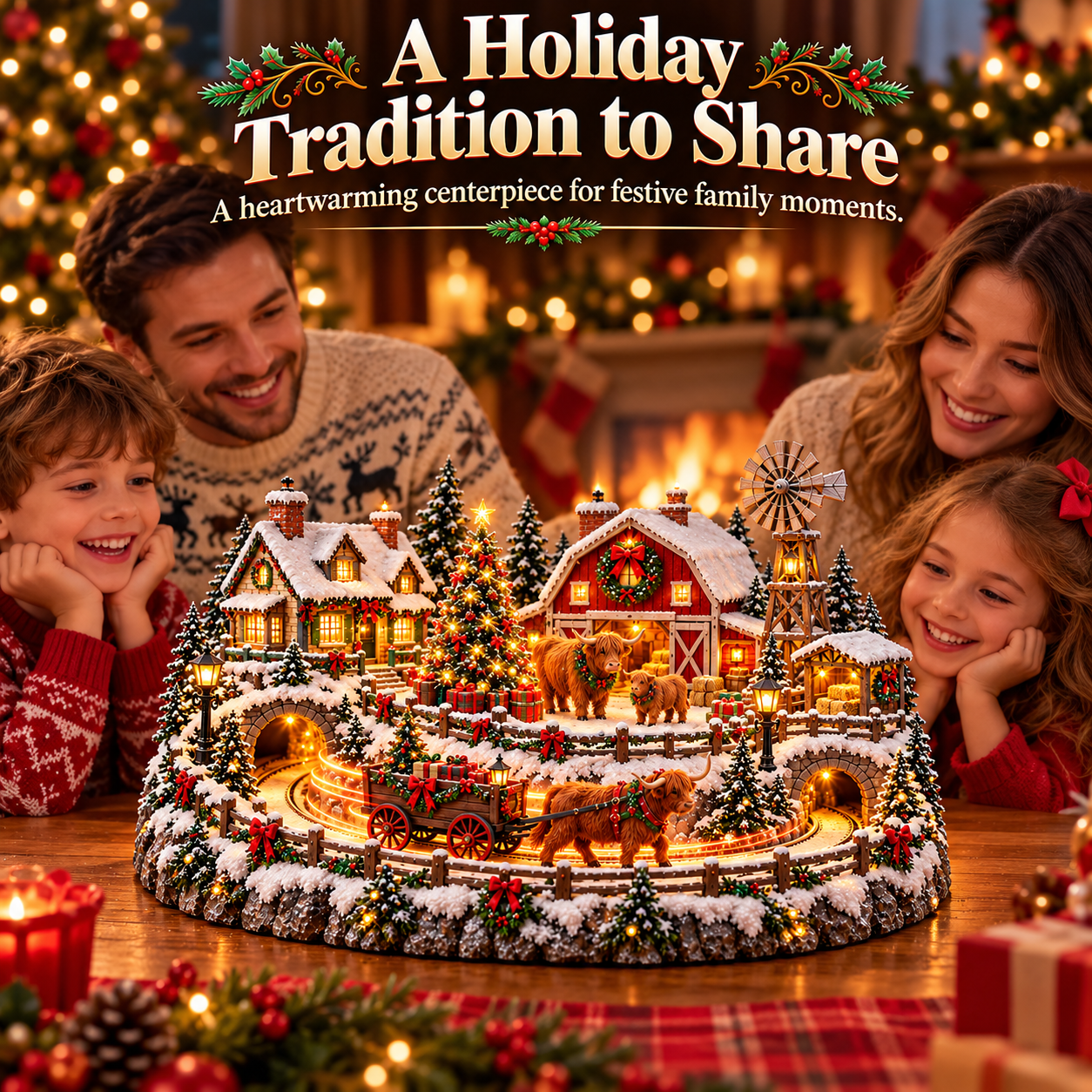 Family admiring Highland Cow Christmas Village on a holiday table in a cozy living room