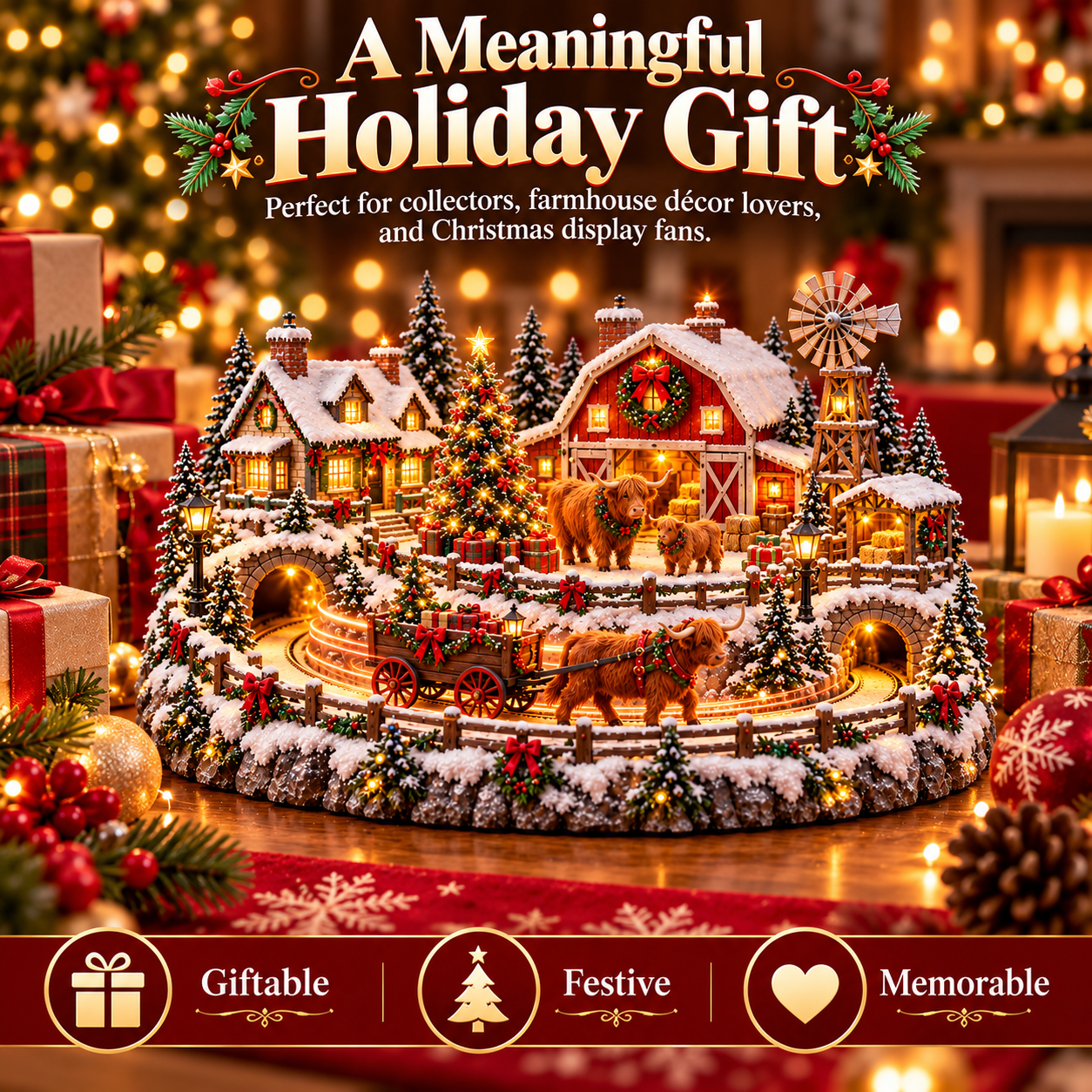 Highland Cow Christmas Village surrounded by wrapped gifts and festive Christmas decorations