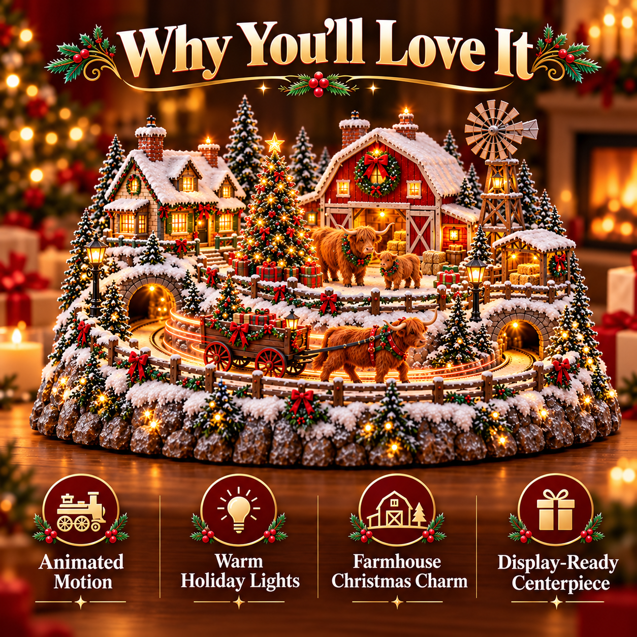 Highland Cow Christmas Village illustrating animated wagon warm lights and farmhouse centerpiece features