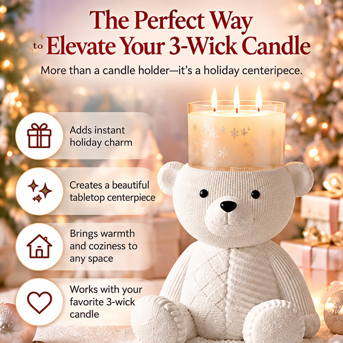 🧸 Holiday Bear 3-Wick Candle Pedestal | Knit-Inspired Christmas Décor🎁