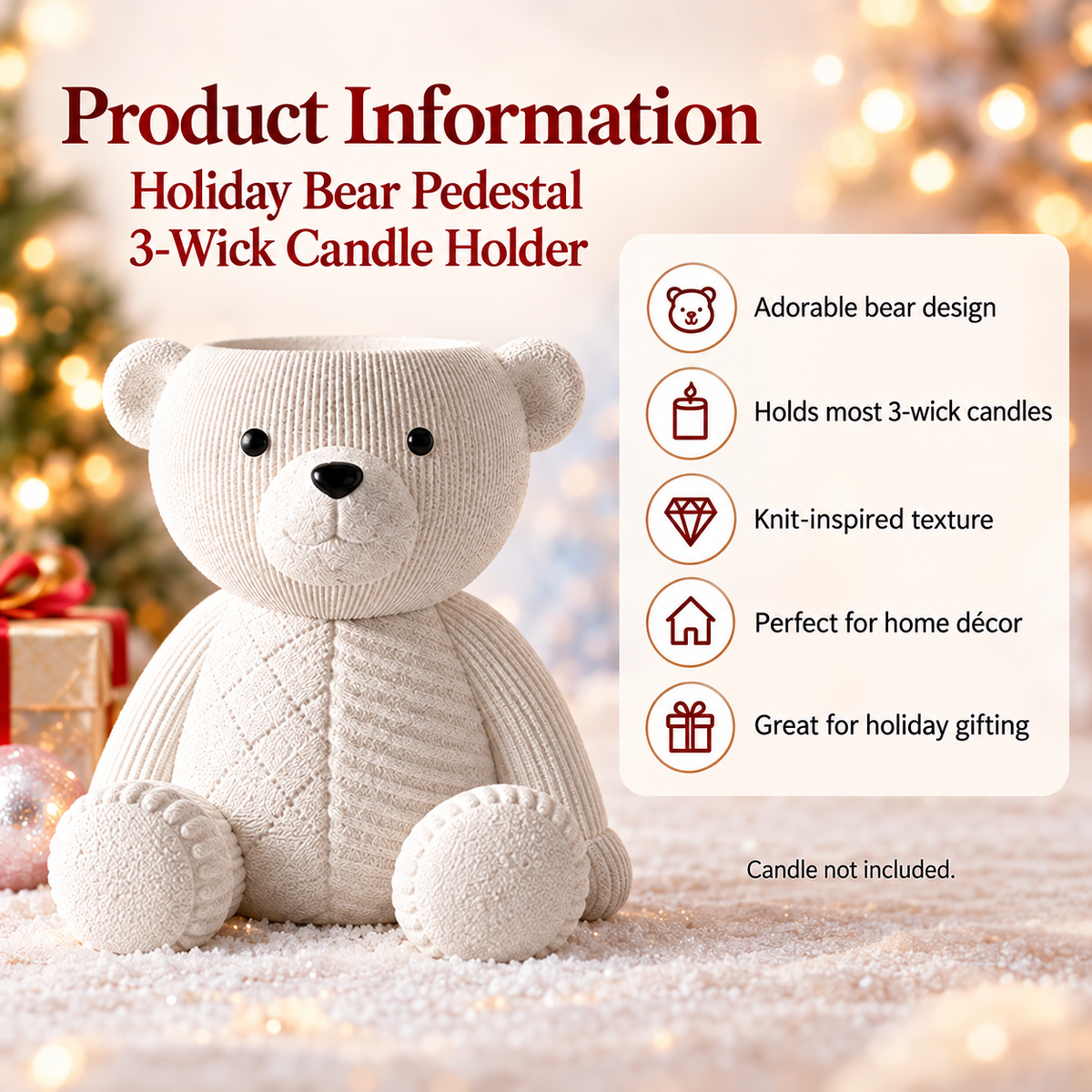 🧸 Holiday Bear 3-Wick Candle Pedestal | Knit-Inspired Christmas Décor🎁