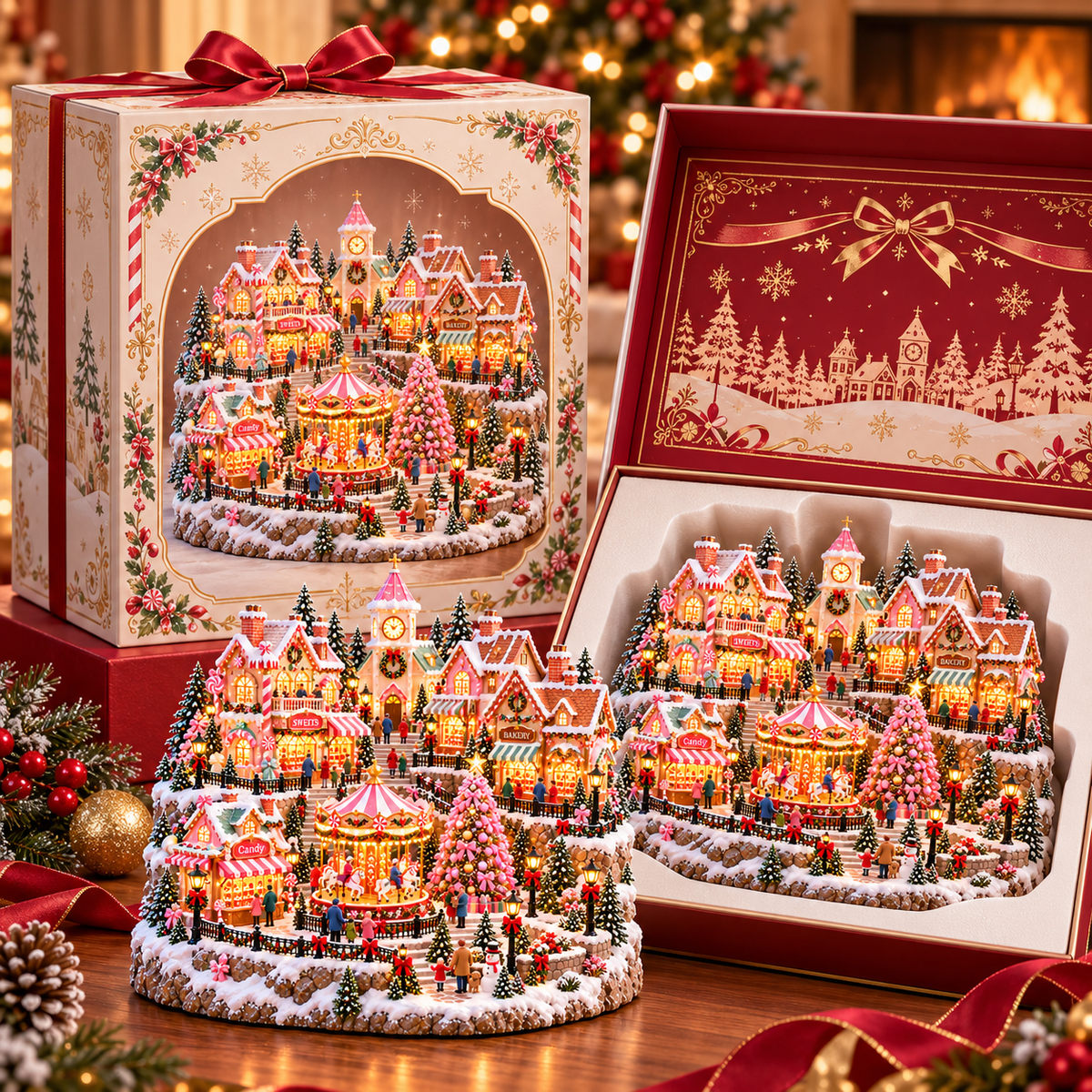 🔥Last Day 50%🎄✨ Magical Christmas Candy Village – Lighted Miniature Holiday Wonderland with Carousel