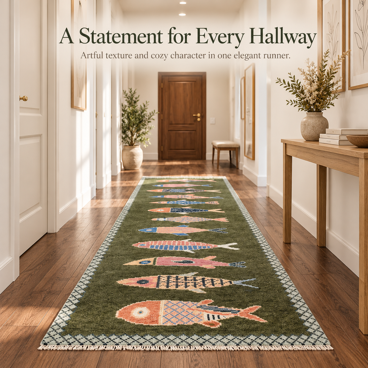 🎏 Hand-Knotted Koi Fish Wool Runner Rug - Artisan Hallway Déco✨
