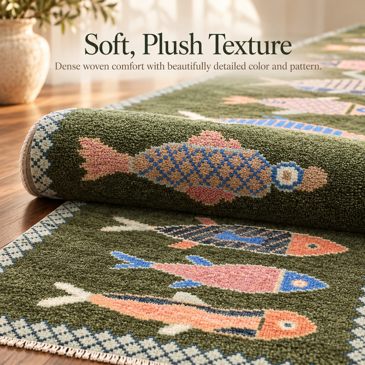 Koi fish wool runner styled beside a neutral bed in a warm modern bedroom