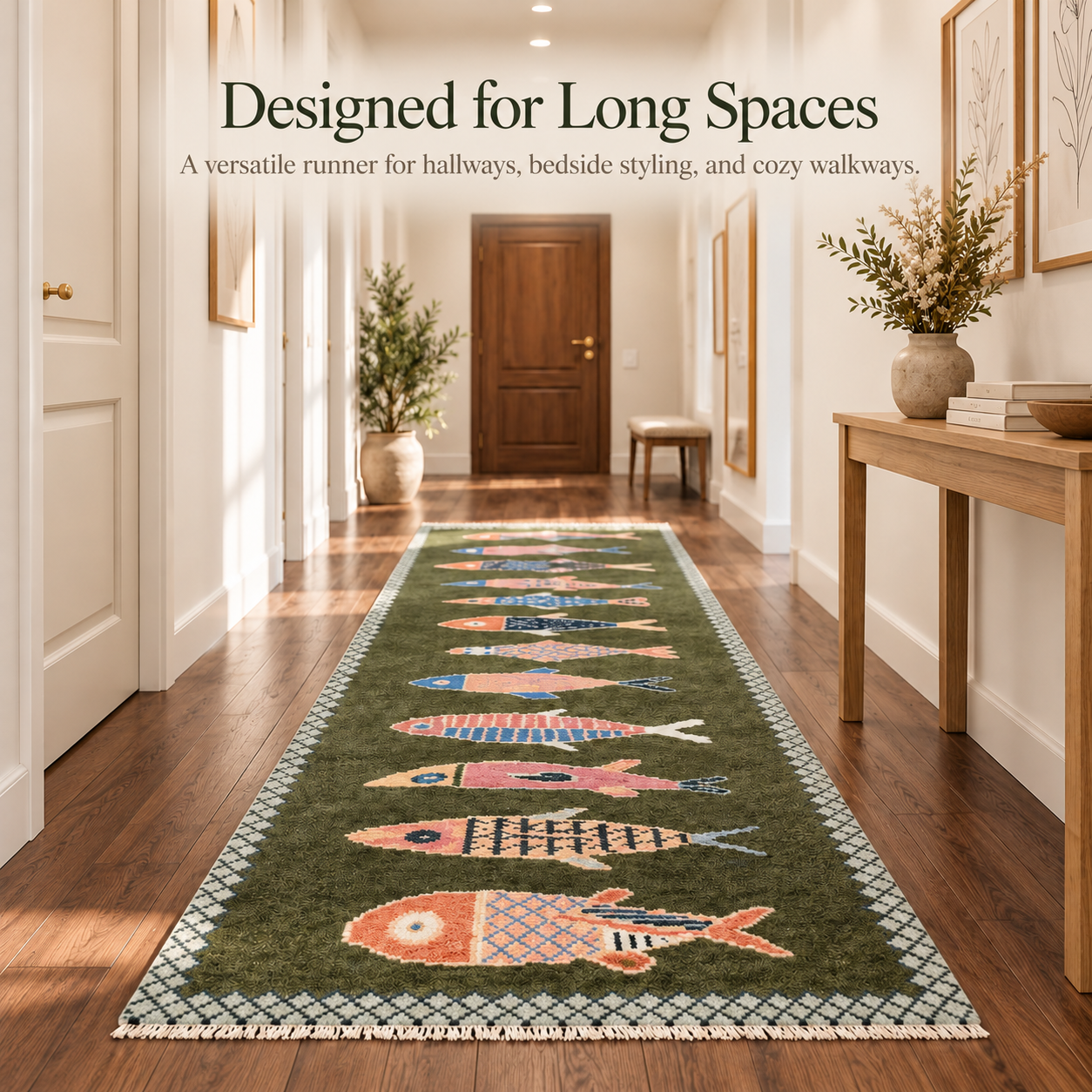 Koi fish runner rug placed in a long bright hallway with natural wood flooring