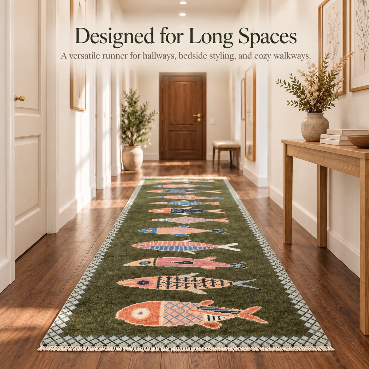 🎏 Hand-Knotted Koi Fish Wool Runner Rug - Artisan Hallway Déco✨