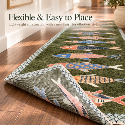 🎏 Hand-Knotted Koi Fish Wool Runner Rug - Artisan Hallway Déco✨