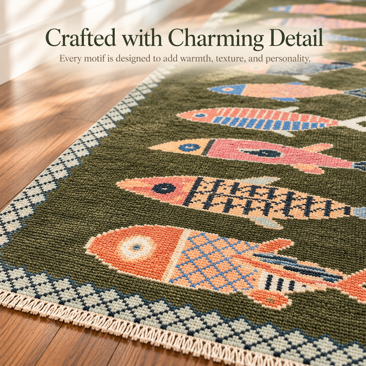 Close-up of colorful koi fish motifs olive green wool pile geometric border and decorative fringe