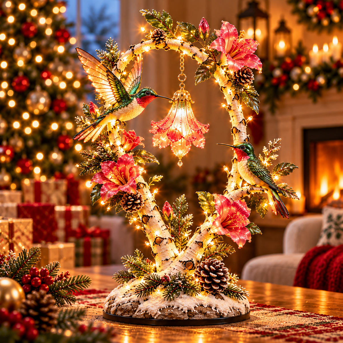 🐦 Hummingbird Garden Glow Tree – Light-Up Floral Christmas Decor for Bird Lovers