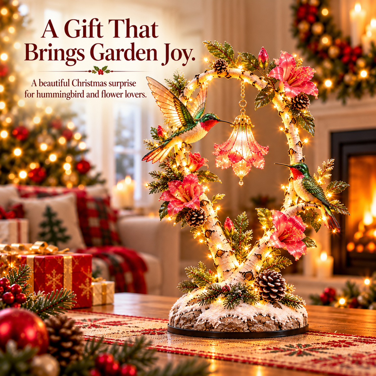 🐦 Hummingbird Garden Glow Tree – Light-Up Floral Christmas Decor for Bird Lovers