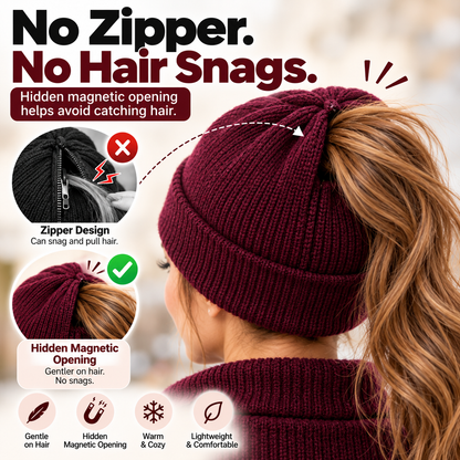 🔥2-in-1-ponytail-beanie-hat-hidden – Hidden Magnetic Closure, No-Zip Winter Knit Hat ❄️