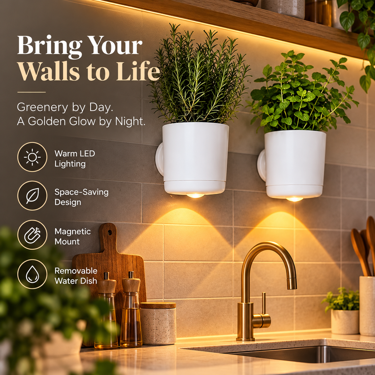 🌿 LED Wall Planter with Warm Ambient Light – Modern Space-Saving Indoor Plant Holder