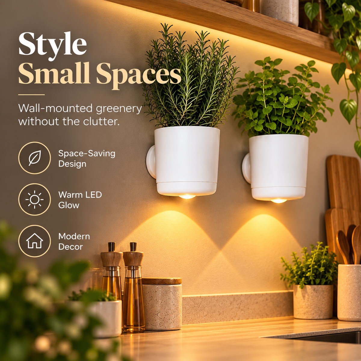 🌿 LED Wall Planter with Warm Ambient Light – Modern Space-Saving Indoor Plant Holder