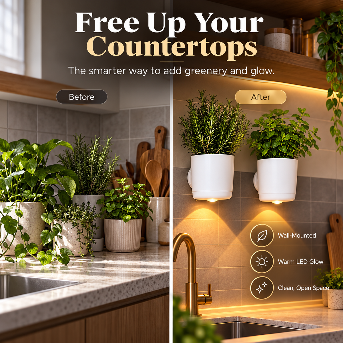 🌿 LED Wall Planter with Warm Ambient Light – Modern Space-Saving Indoor Plant Holder