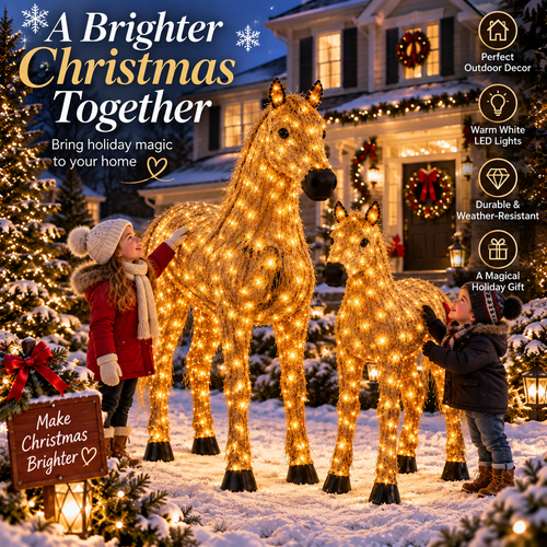 ✨ Light-Up Christmas Horse & Foal Set – Warm White LED Holiday Display