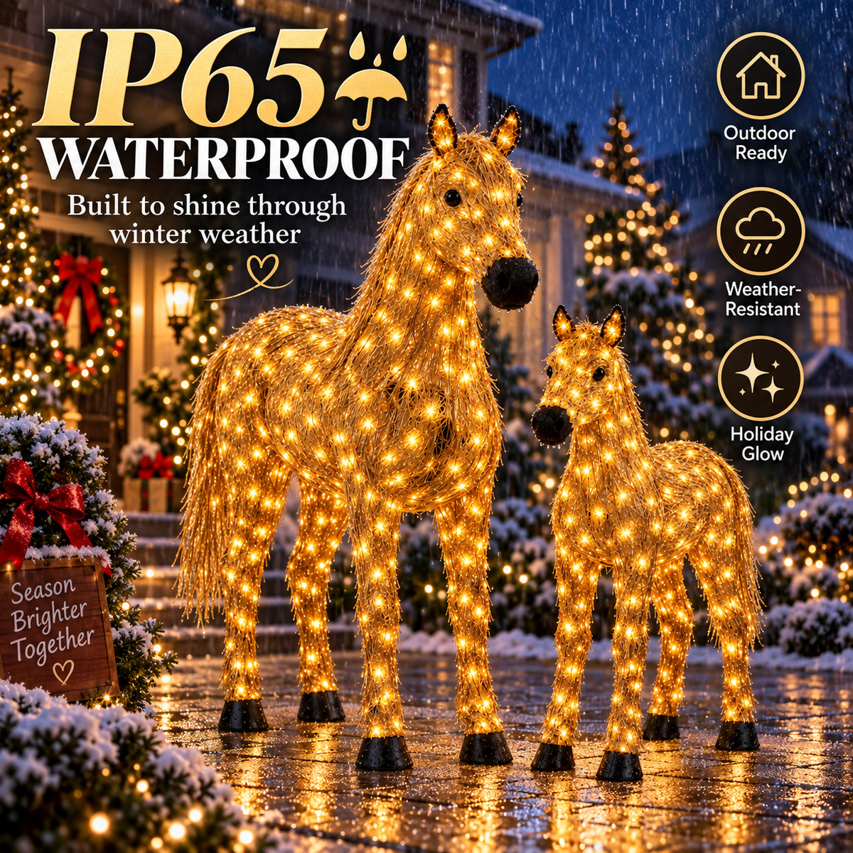 ✨ Light-Up Christmas Horse & Foal Set – Warm White LED Holiday Display