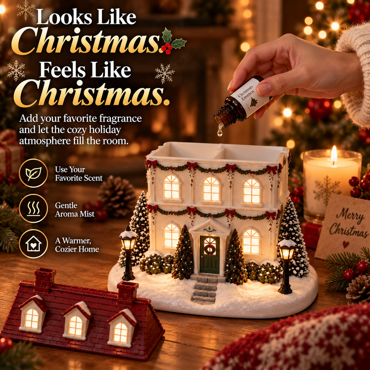 🎄 Christmas House Aroma Diffuser – Glowing Holiday Mist Cottage