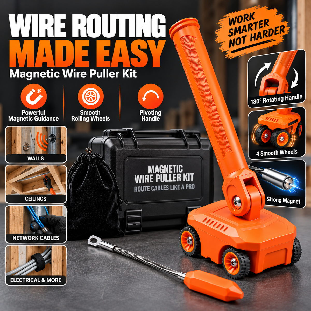 🧲 Magnetic Wire Puller Kit, Dual Purpose Cable Fishing Tool & Stud Finder