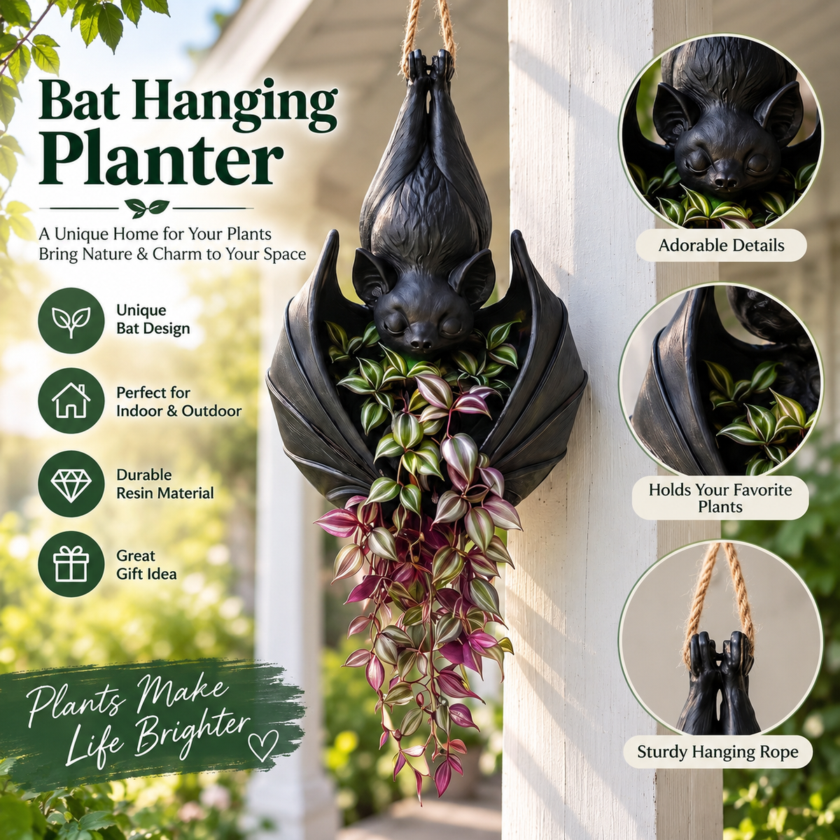 Gothic Bat Hanging Flower Pot — Unique Halloween Plant Decor