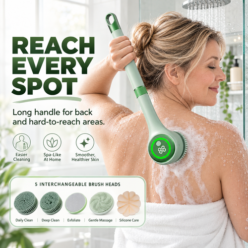 🚿 5-in-1 Electric Body Scrubber with Long Handle – Effortless Deep Cleaning & Gentle Exfoliation in the Shower