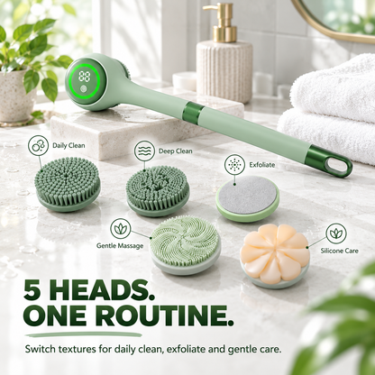🚿 5-in-1 Electric Body Scrubber with Long Handle – Effortless Deep Cleaning & Gentle Exfoliation in the Shower