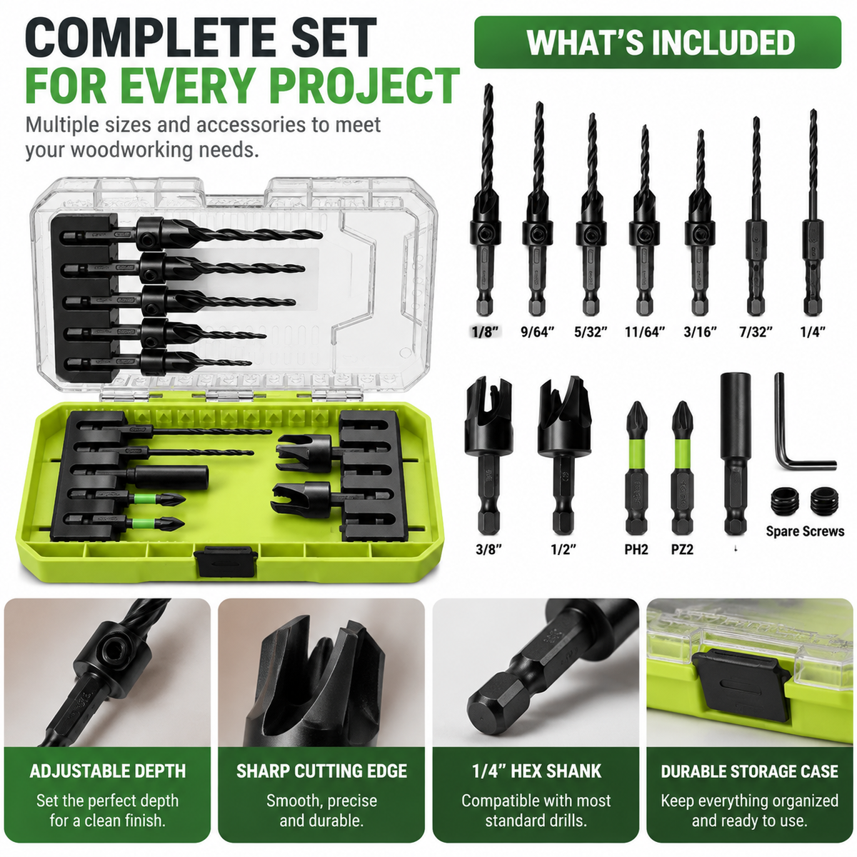 🛠️ Countersink Drill Bit Set – Create Professional Flush Screw Finishes For DIY Woodworking Projects