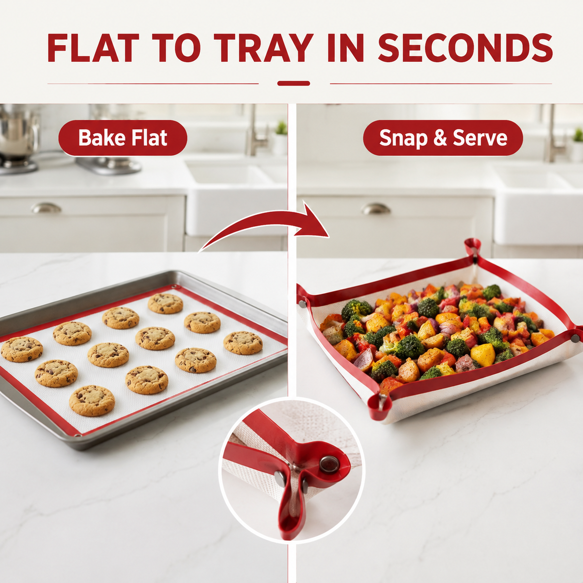 🥧 2-in-1 Silicone Baking Mat with Snap-Up Edges – Reusable Nonstick Oven Liner
