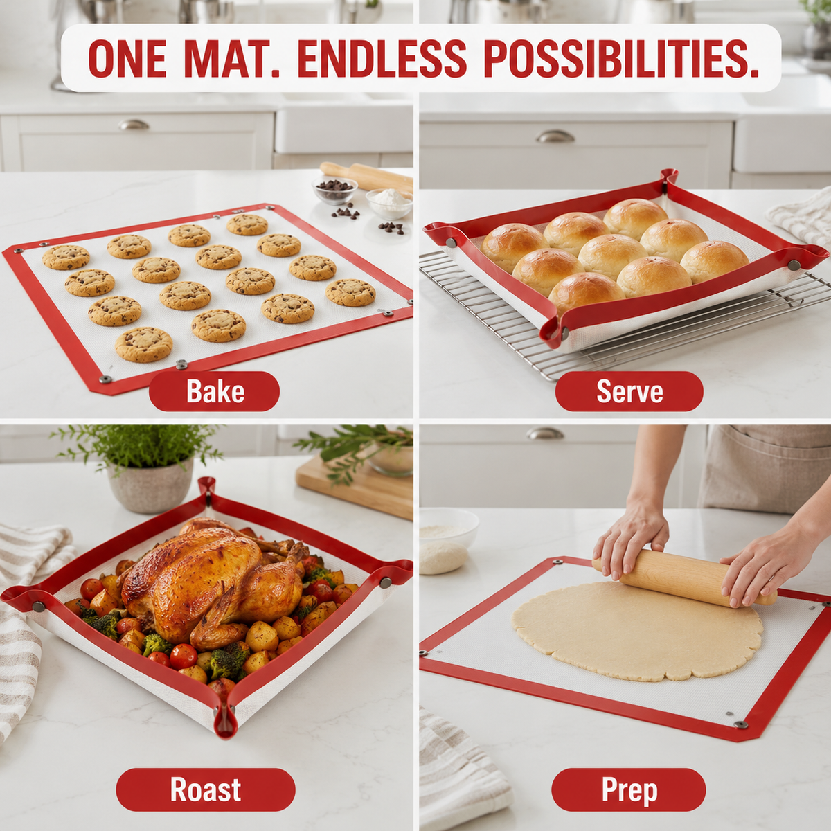 🥧 2-in-1 Silicone Baking Mat with Snap-Up Edges – Reusable Nonstick Oven Liner