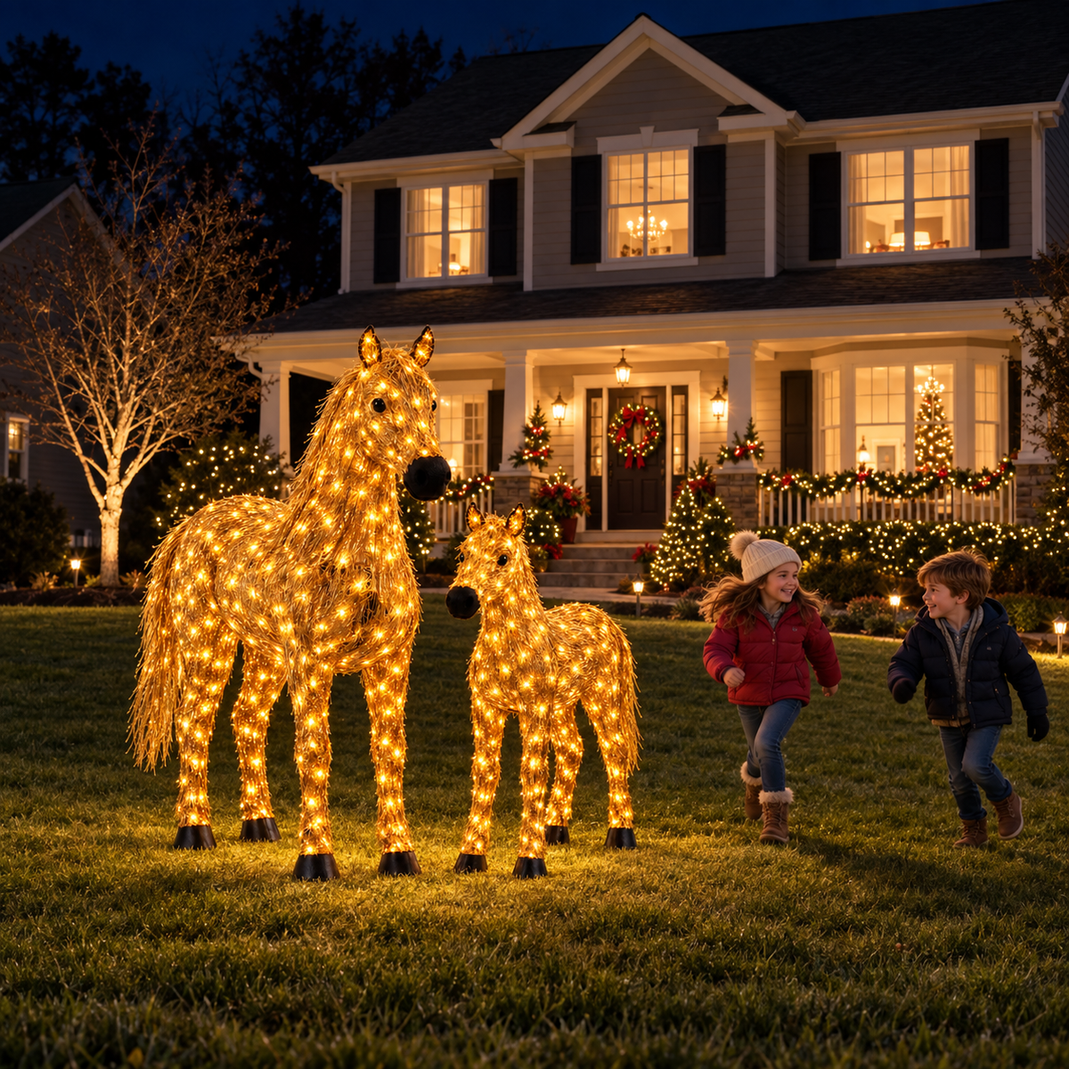 ✨ Light-Up Christmas Horse & Foal Set – Warm White LED Holiday Display