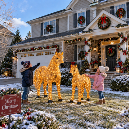✨ Light-Up Christmas Horse & Foal Set – Warm White LED Holiday Display