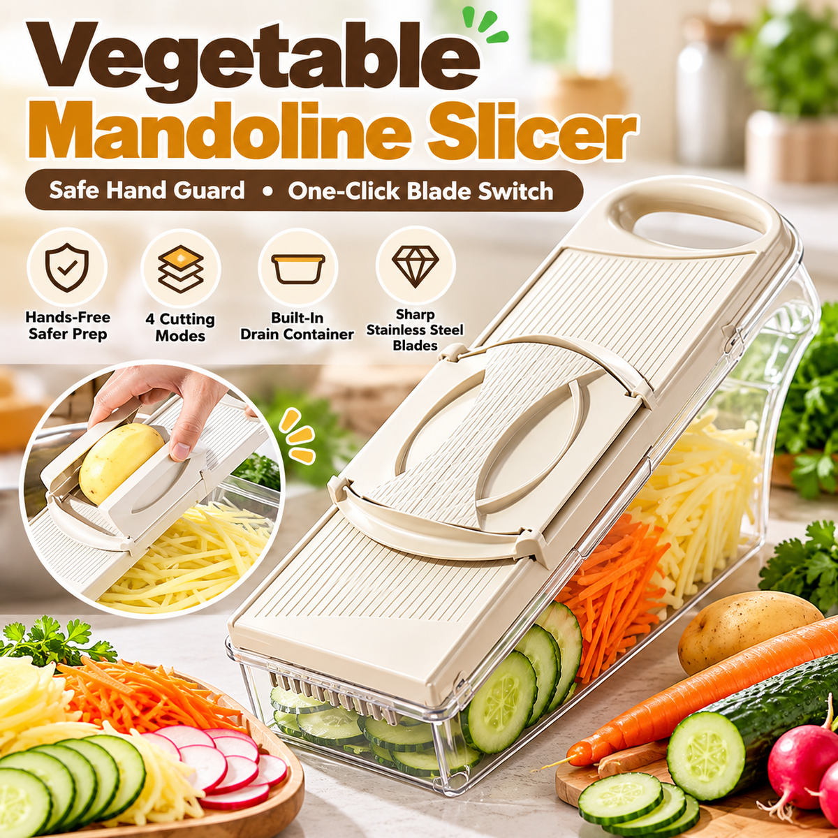 🥕Vegetable Mandoline Slicer with Safe Hand Guard, One-Click Blade Switch