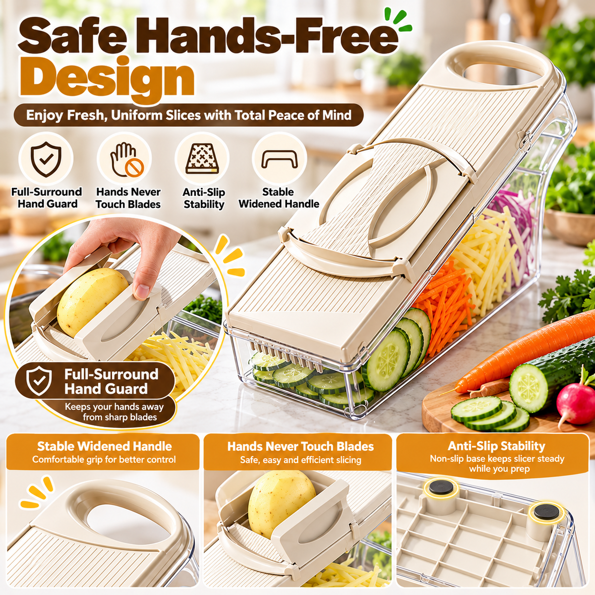 🥕Vegetable Mandoline Slicer with Safe Hand Guard, One-Click Blade Switch