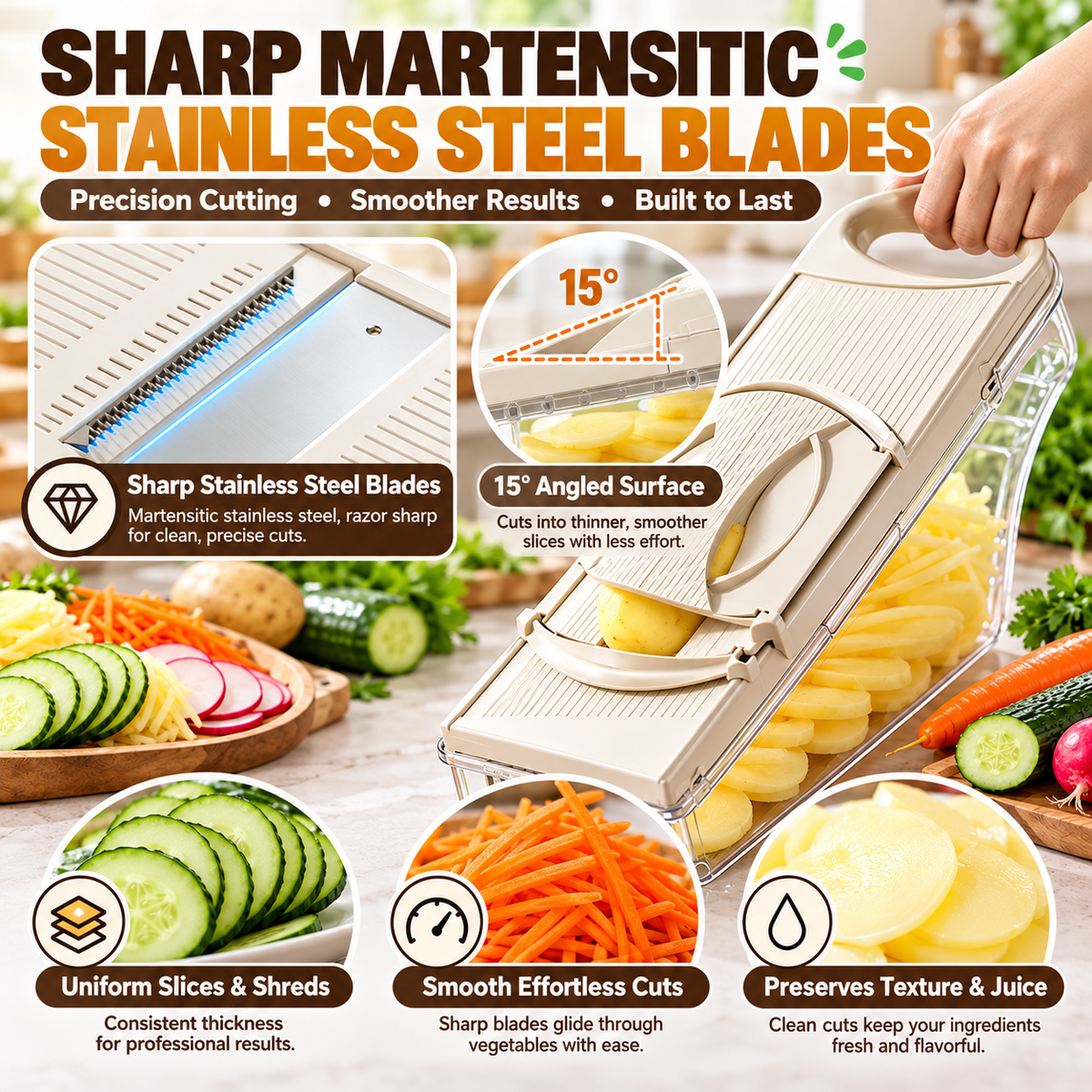 🥕Vegetable Mandoline Slicer with Safe Hand Guard, One-Click Blade Switch