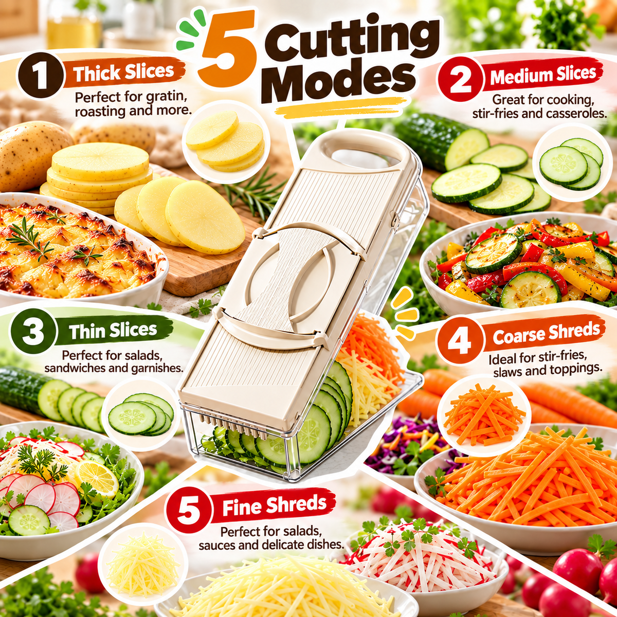 🥕Vegetable Mandoline Slicer with Safe Hand Guard, One-Click Blade Switch