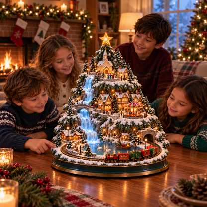 🚂🎄 Lighted Christmas Village Tree – Animated Train & Carousel Holiday Display