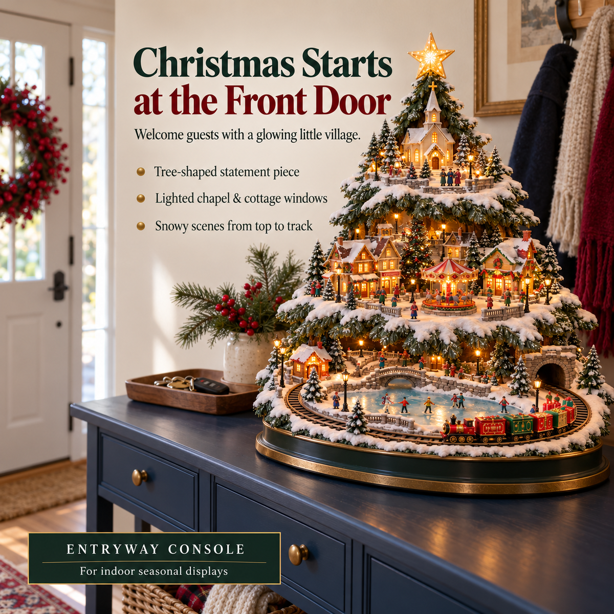 🚂🎄 Lighted Christmas Village Tree – Animated Train & Carousel Holiday Display